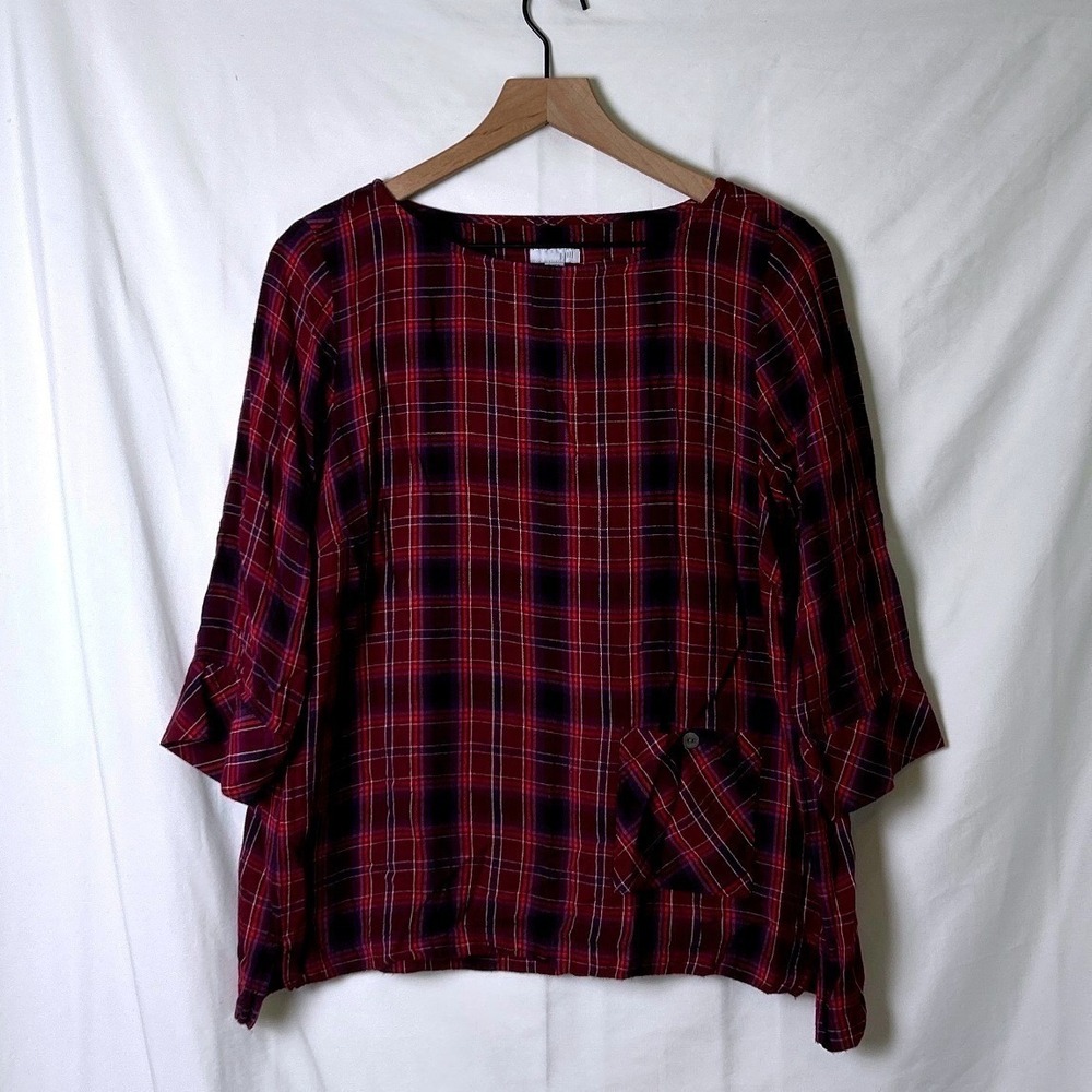 J.Jill Womens Plaid 3/4 Sleeve Pocket Blouse Size LP Burgundy Classic Grunge